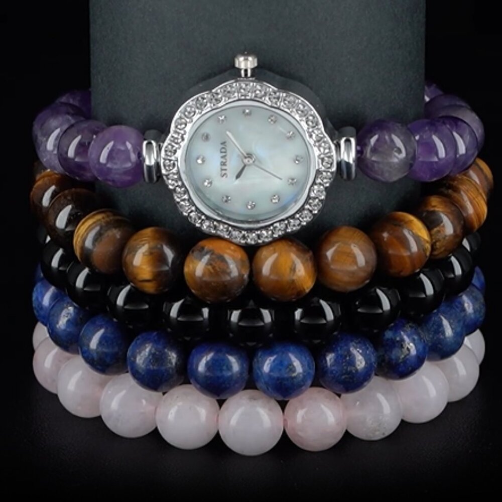 Multi Gemstone Japanese Movement Bracelet Watch and 4pcs Beaded Bracelet